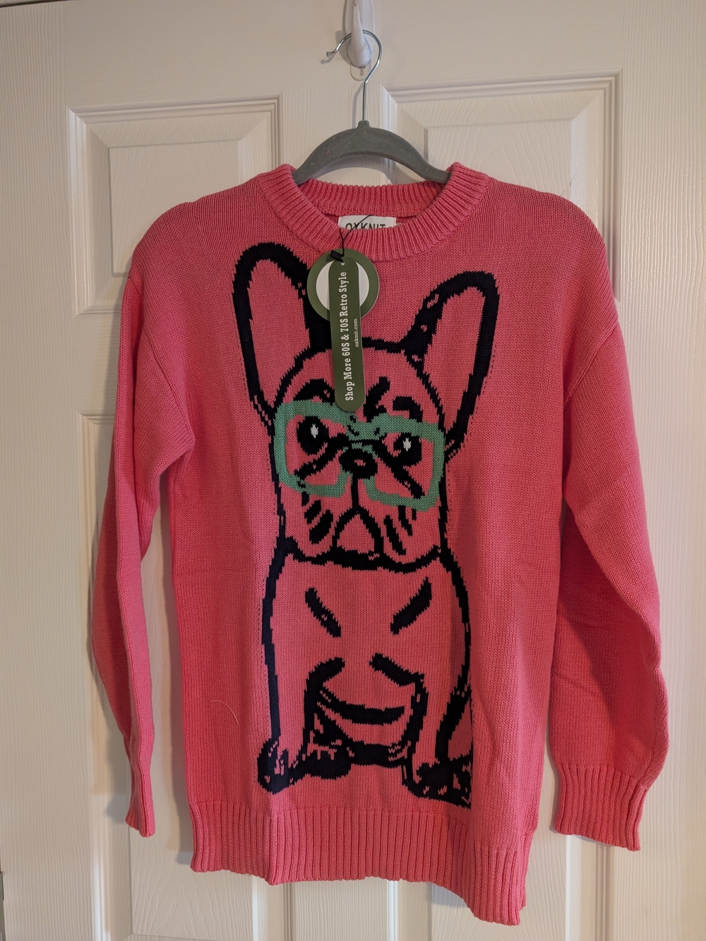 Bright Pink Crewneck Sweater with French Bulldog Motif